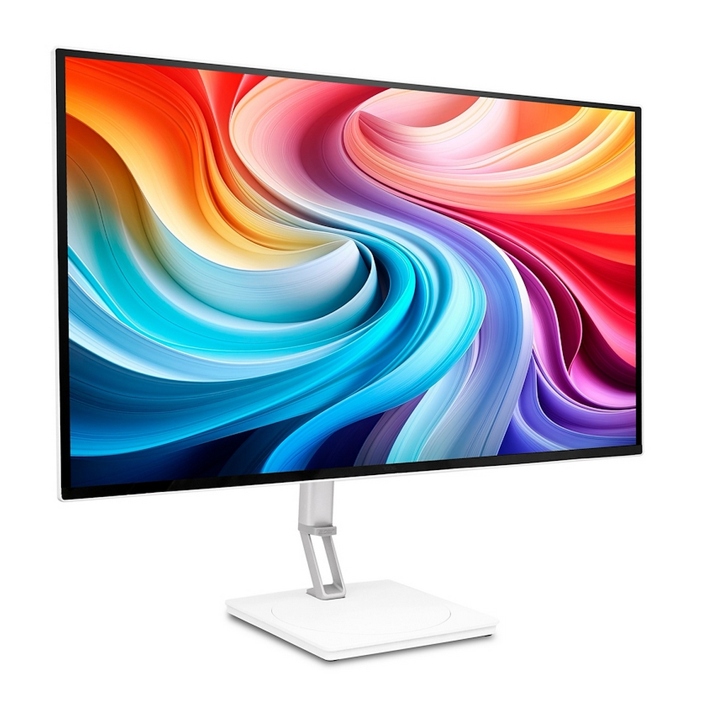 Un monitor moderno con uno sfondo colorato e vorticoso su un supporto bianco.