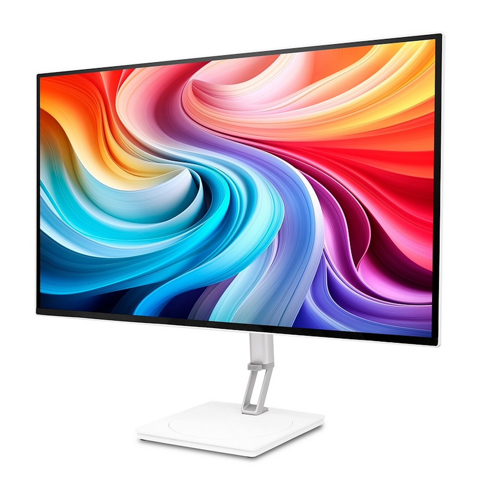Un monitor moderno con uno sfondo colorato e vorticoso su un supporto bianco.