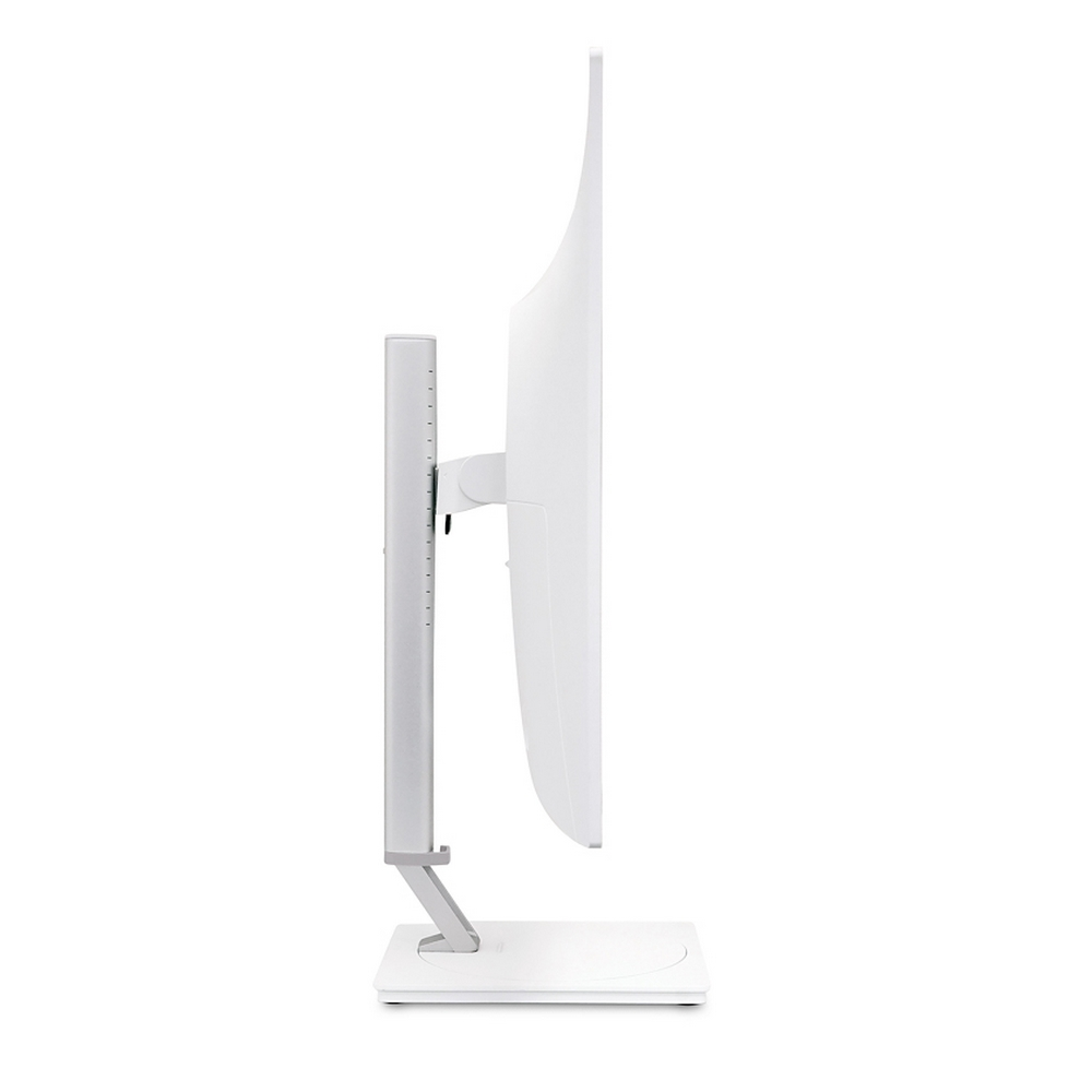 Monitor bianco di profilo su sfondo bianco.