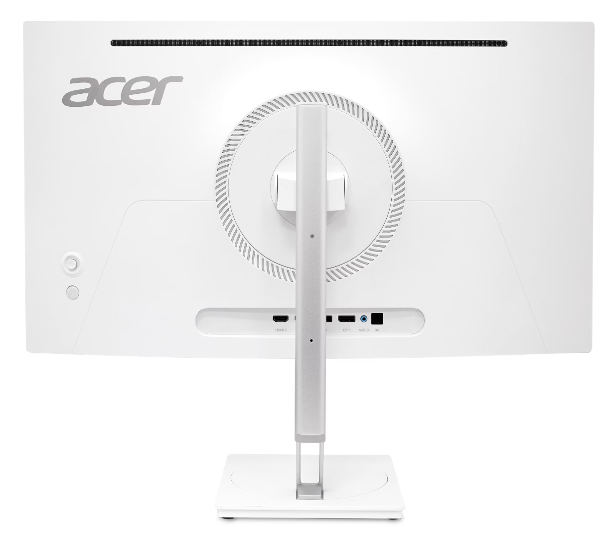Vista posteriore di un monitor Acer bianco con porte HDMI, DP, Audio, DC.