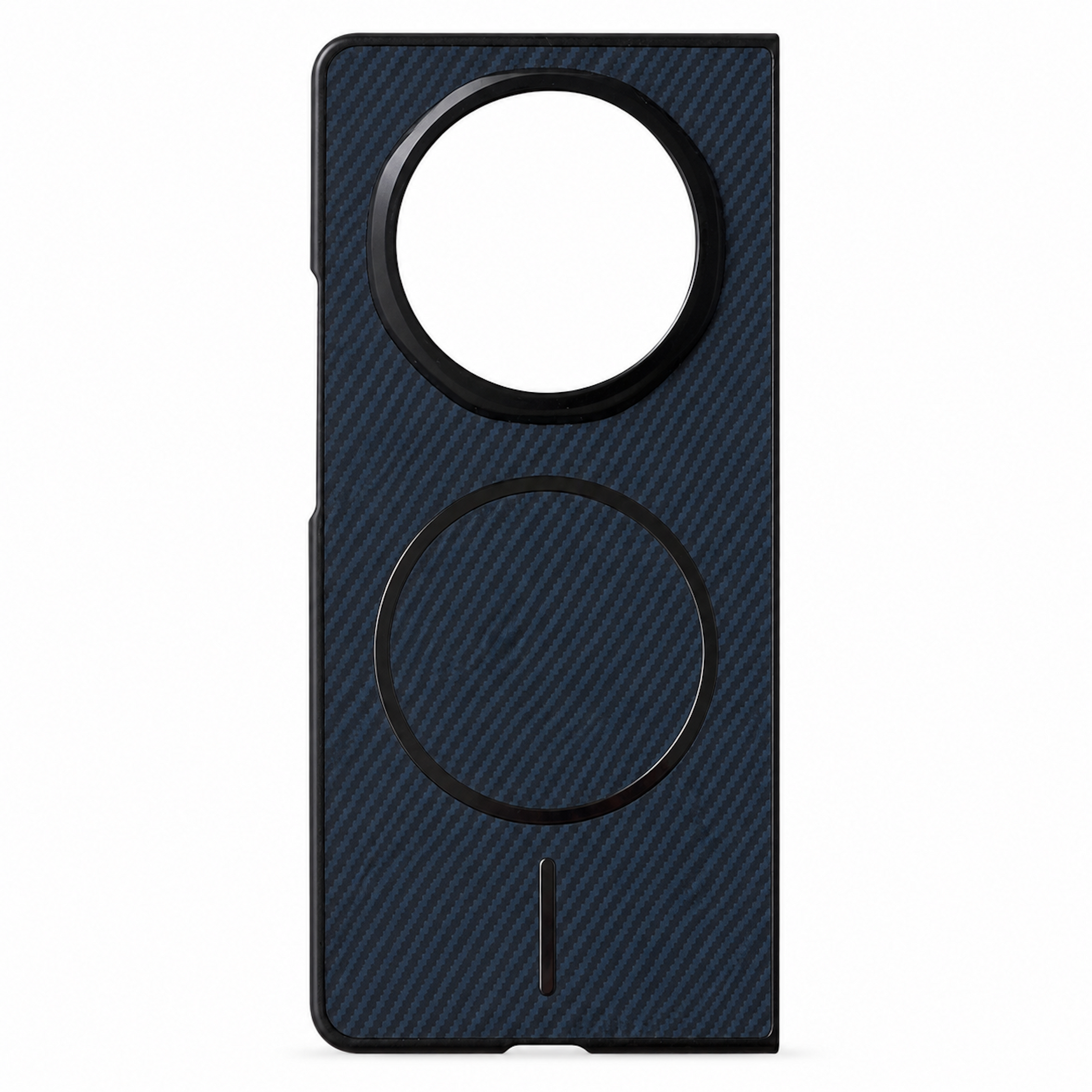 Funda de teléfono azul oscuro texturizada de fibra de carbono con dos recortes circulares.