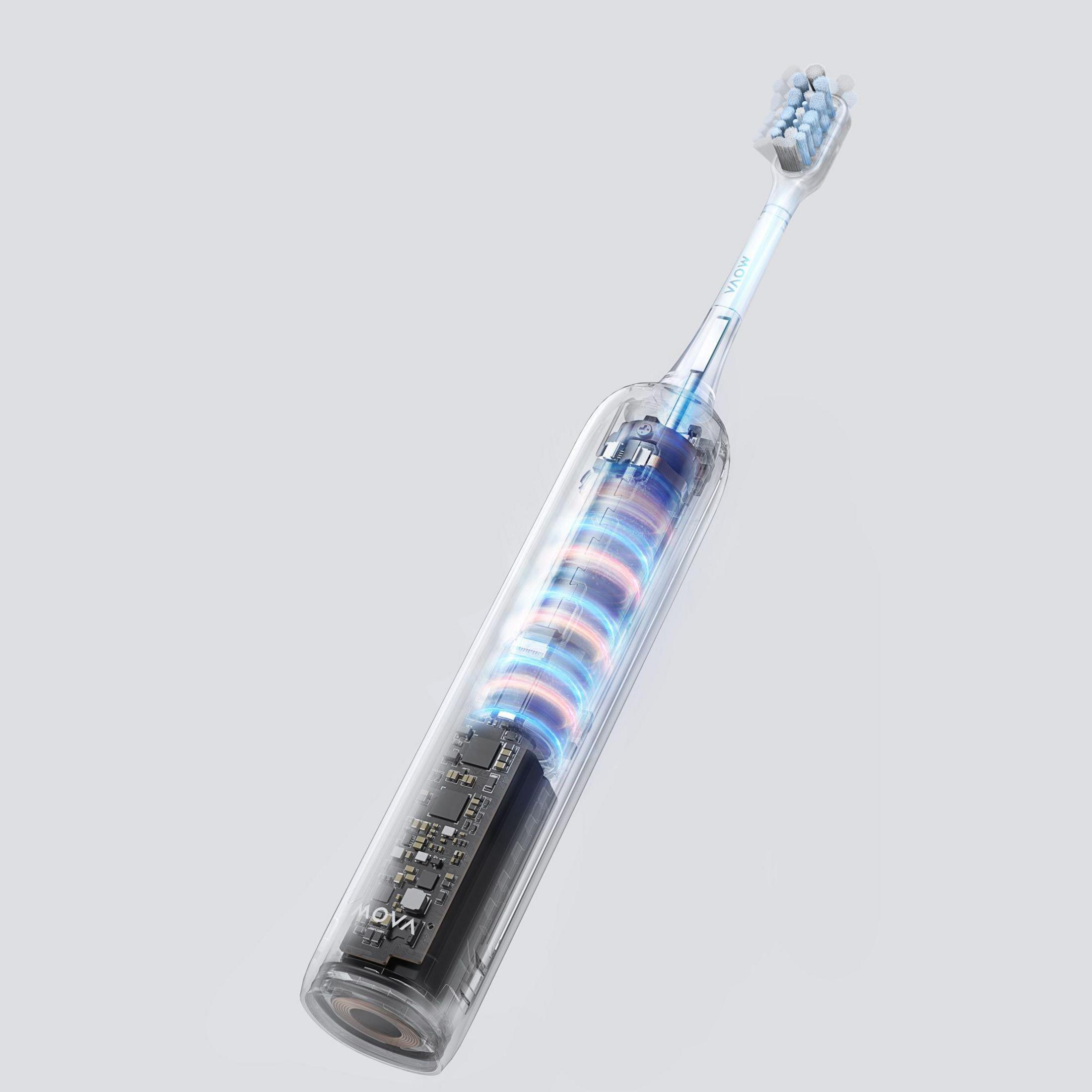 Durchsichtige Zahnbürste mit sichtbaren internen Komponenten und blauen Lichtern.