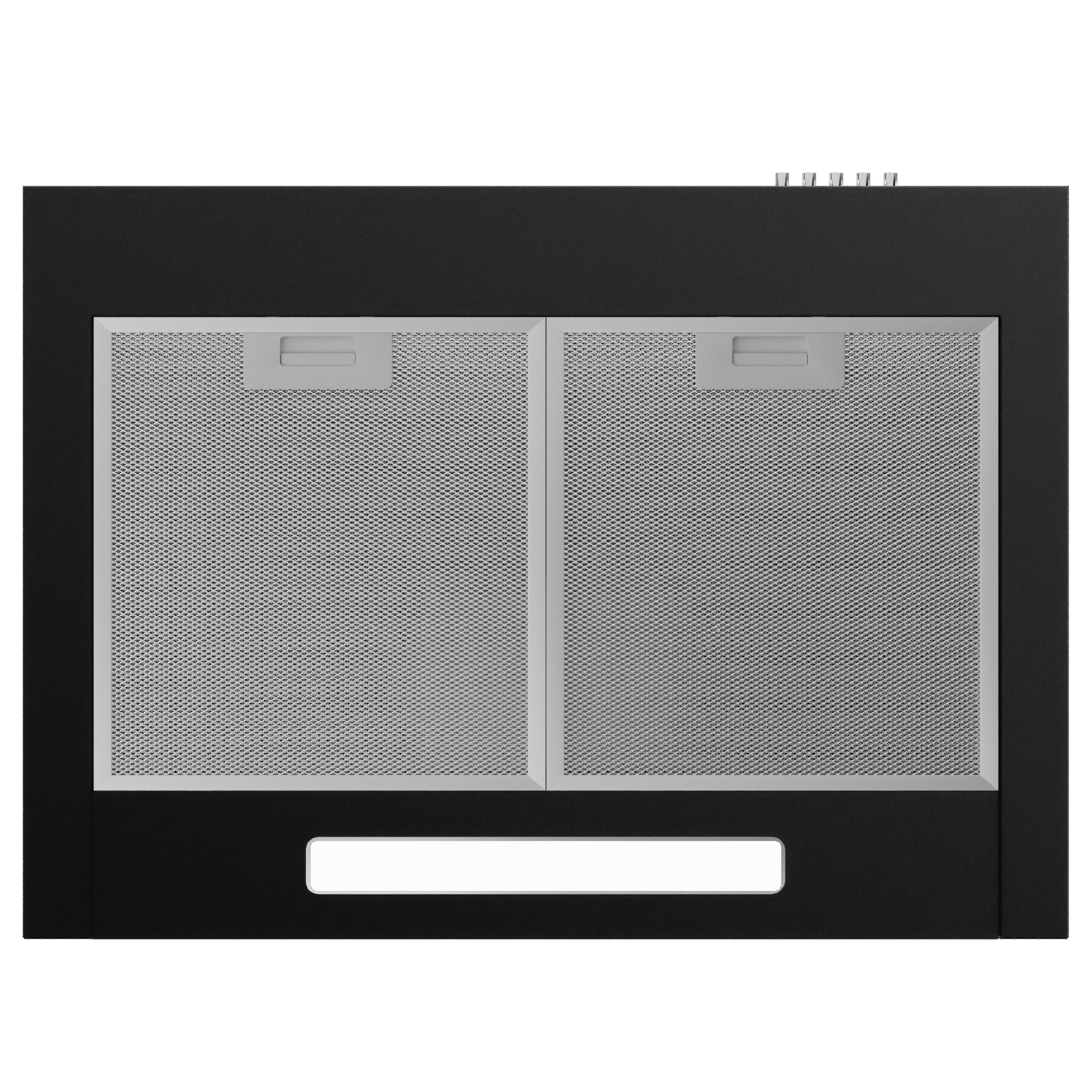 Schwarze Dunstabzugshaube mit zwei Metallfiltern und Bedienelementen.