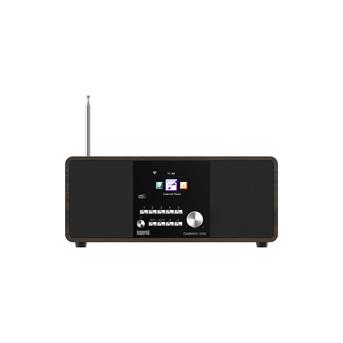 Ein dunkles Holzradio mit silberner Antenne und einem Touchscreen.