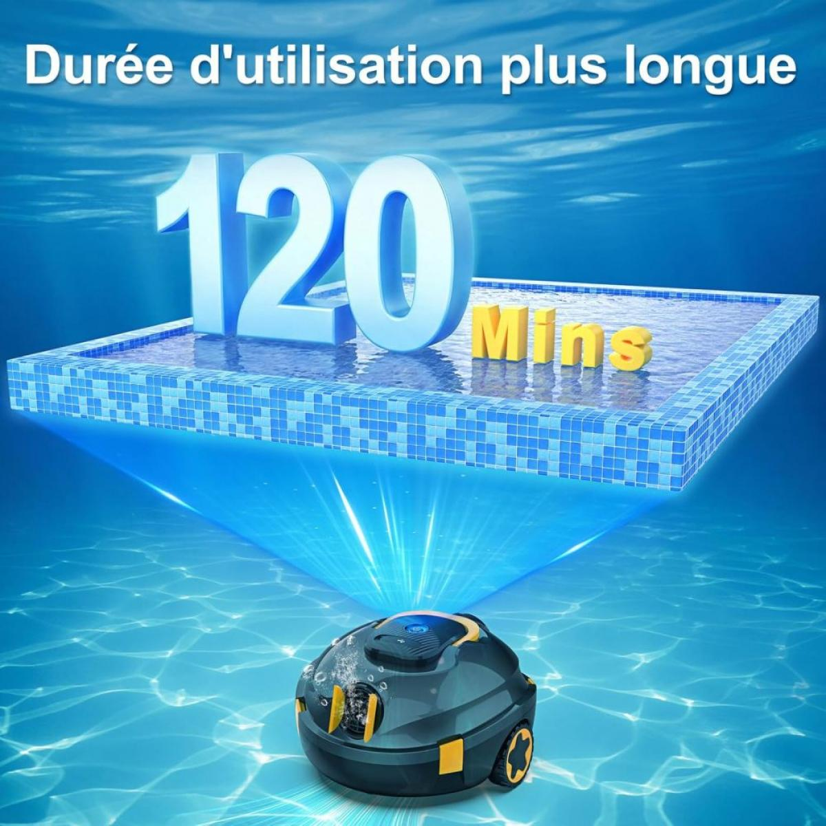 Ein Poolroboter reinigt unter dem Schriftzug "120 Min" in einem Pool.