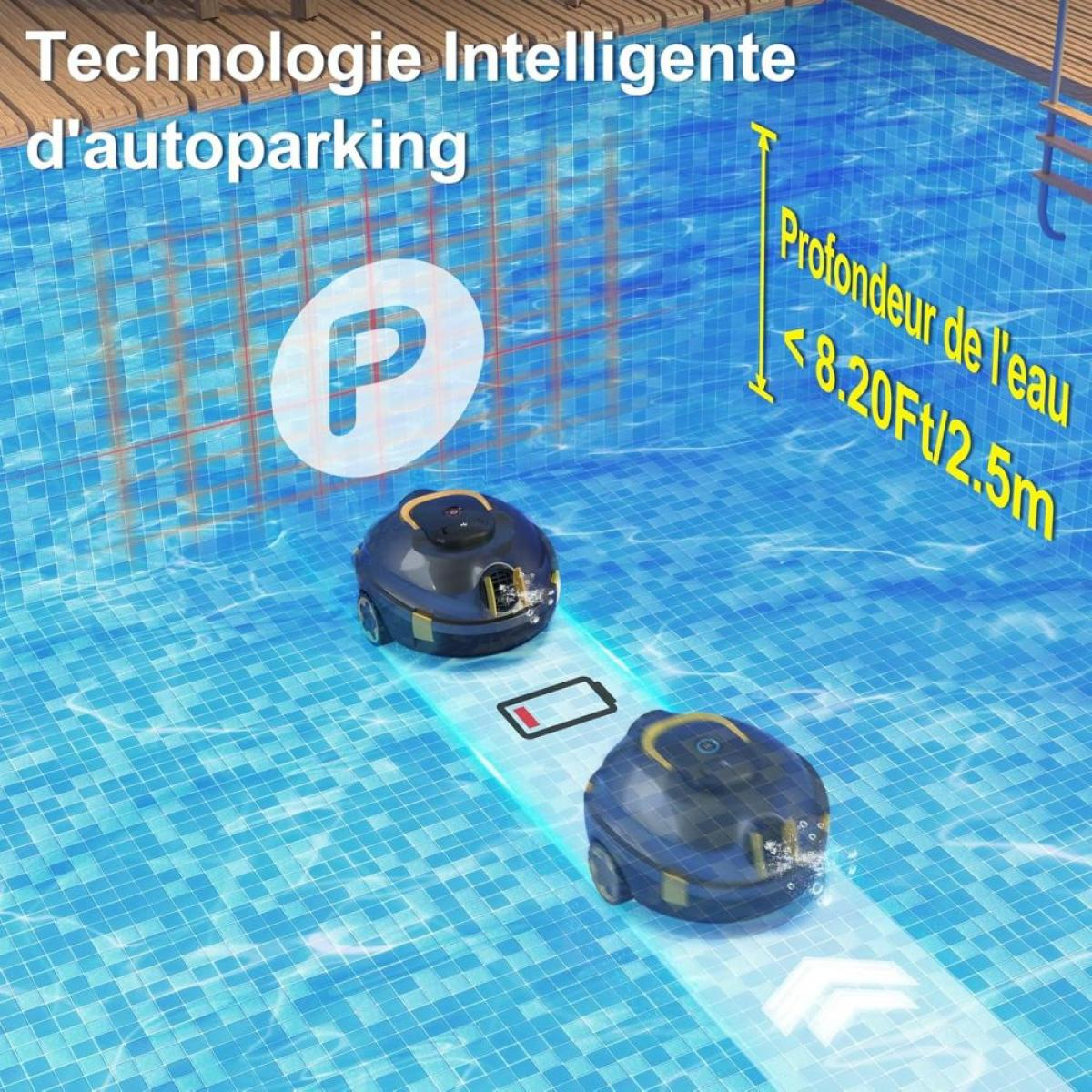 Zwei blaue Poolroboter in einem Pool mit Kacheln. Ein Roboter parkt.