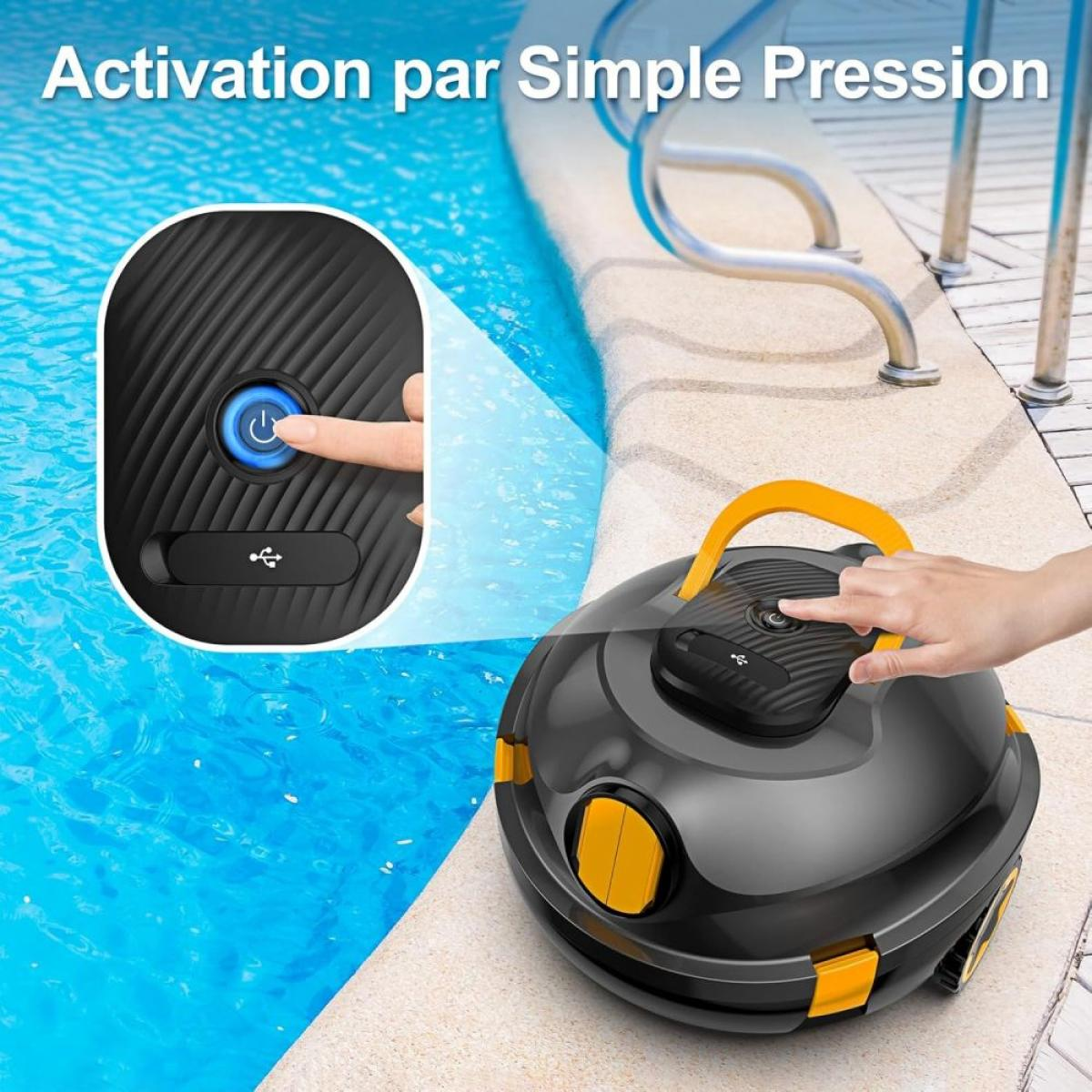 Eine Person drückt den Netzschalter eines schwarz-gelben Poolreinigers am Pool.