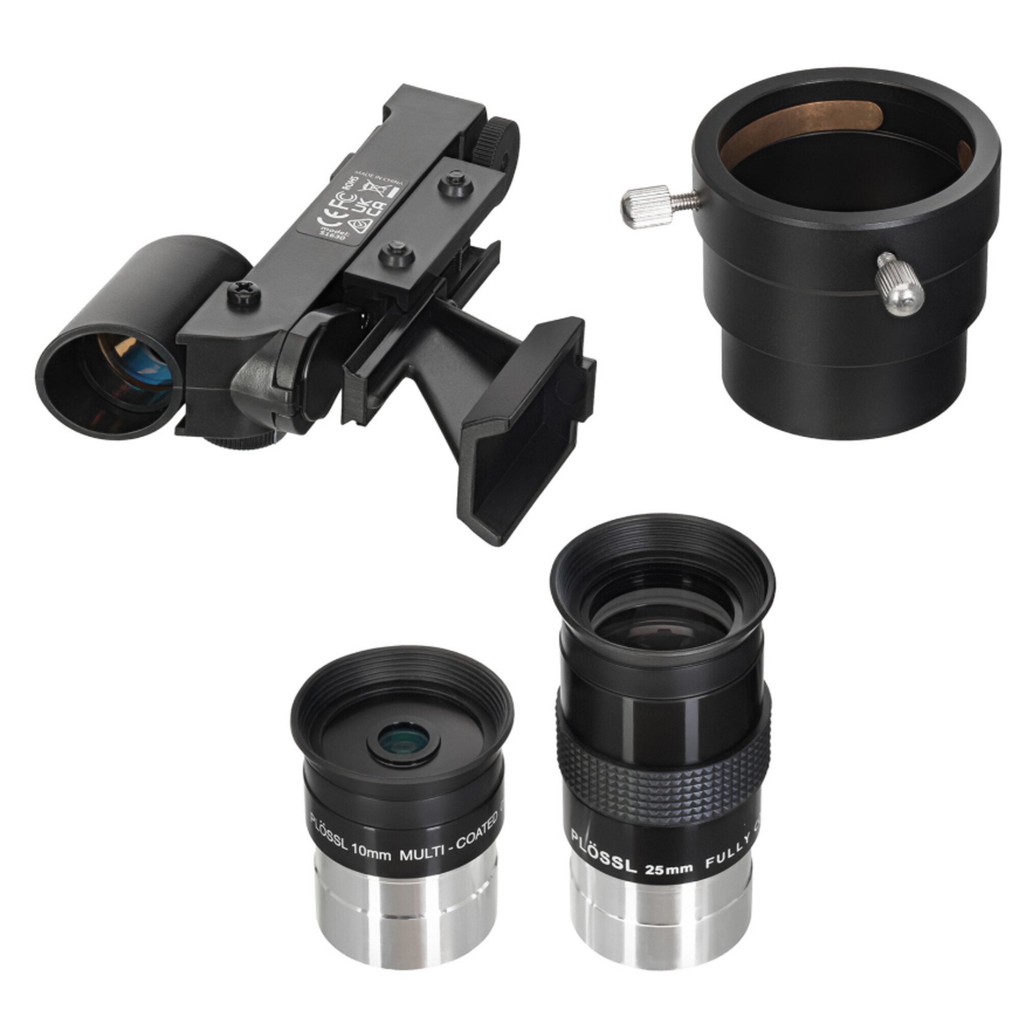 Teleskop-Zubehör: Sucherfernrohr, Okularadapter und zwei Okulare (10mm, 25mm).