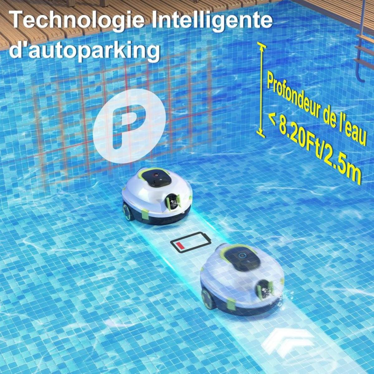 Zwei weiße Poolreiniger im blauen Wasser, ein P-Symbol und Tiefenanzeige.