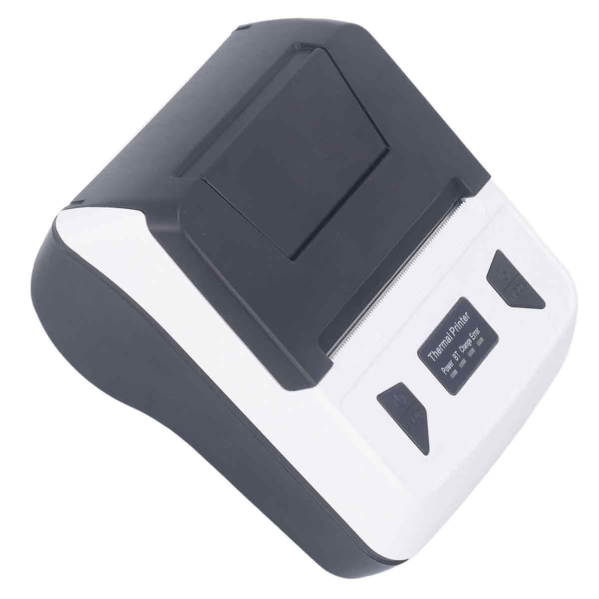 Ein tragbarer Thermodrucker in Weiß und Dunkelgrau mit Papierausgabeschlitz.
