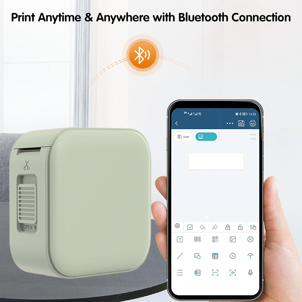 Ein hellgrüner Drucker mit einem Smartphone, das eine App anzeigt.