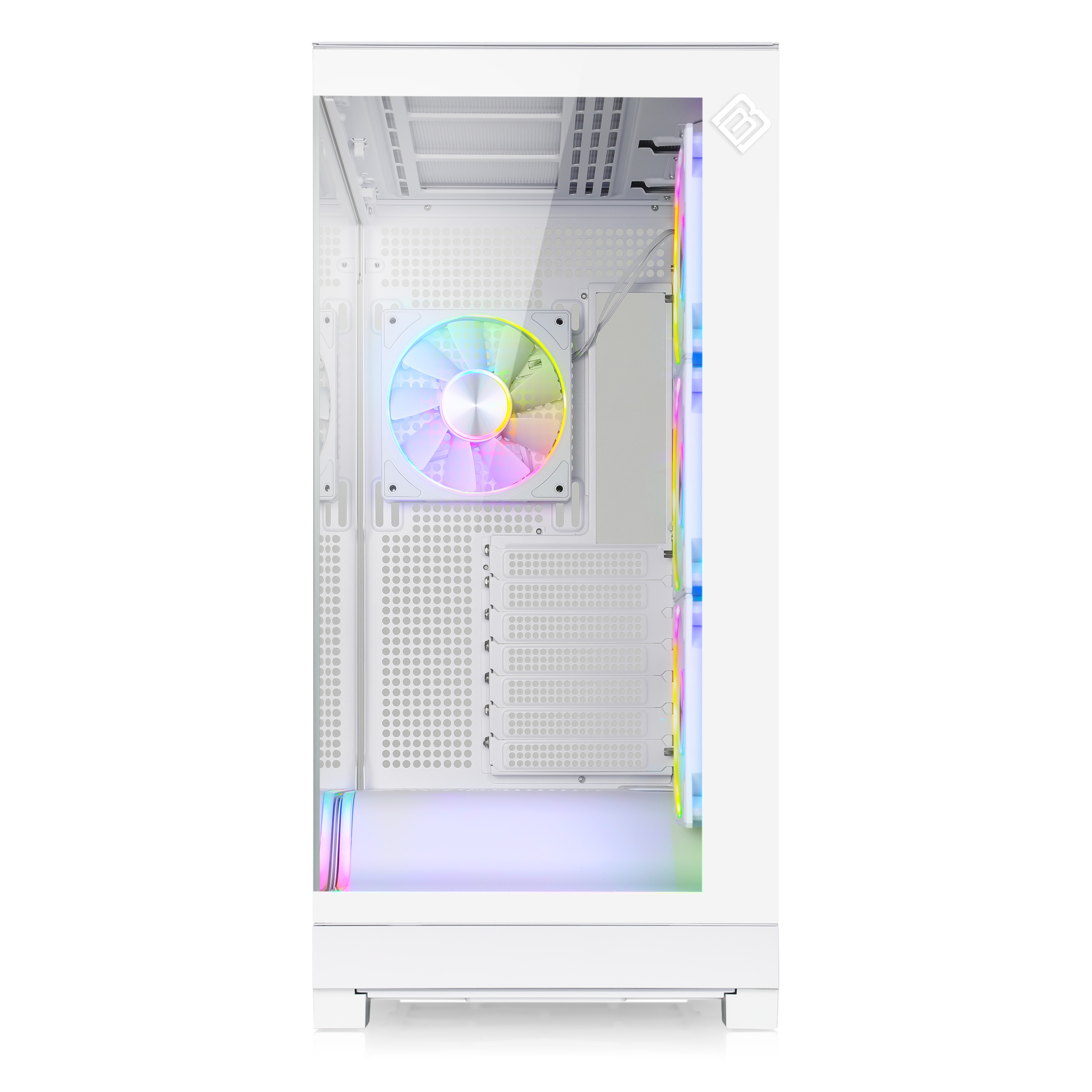 Ein weißes Computergehäuse mit RGB-Lüfter und Lichtern.