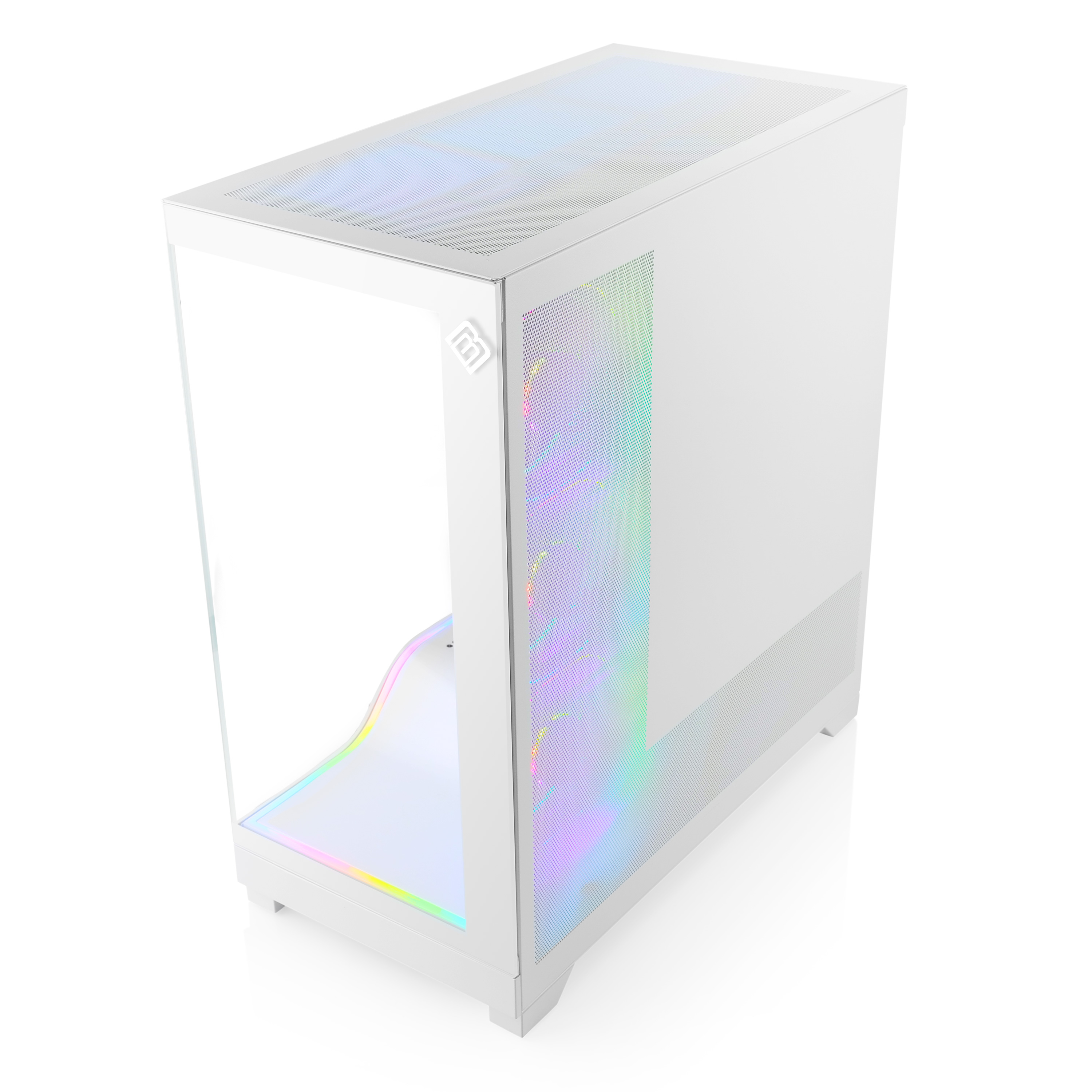 Ein weißes PC-Gehäuse mit Glasfront und RGB-Beleuchtung. Links und oben.