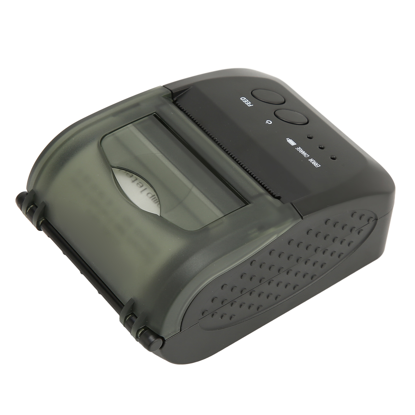 Ein schwarzer, tragbarer Thermodrucker mit transparentem Deckel und Bedienelementen.