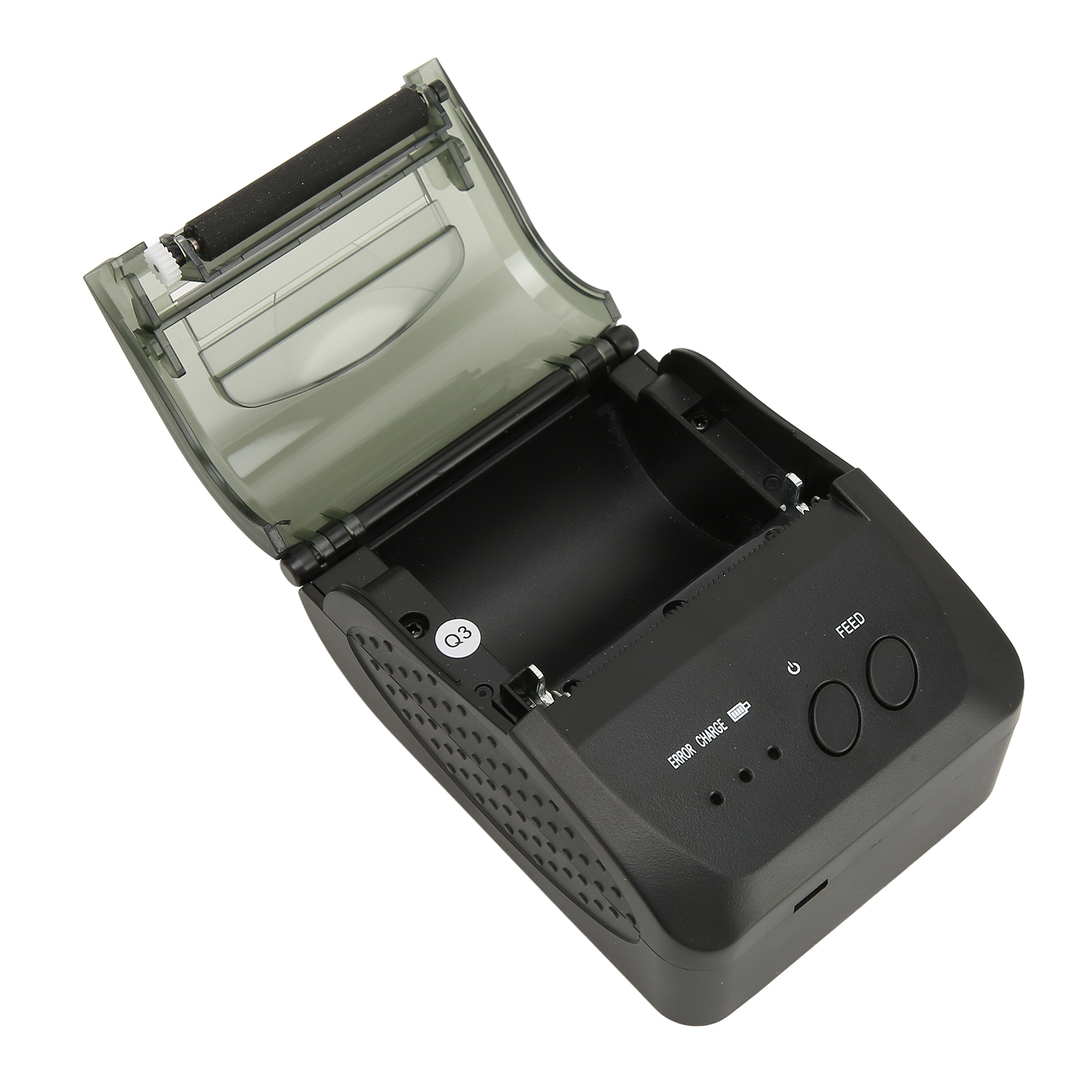 Ein schwarzer, geöffneter Thermodrucker mit durchsichtigem Deckel und Papierrolle.