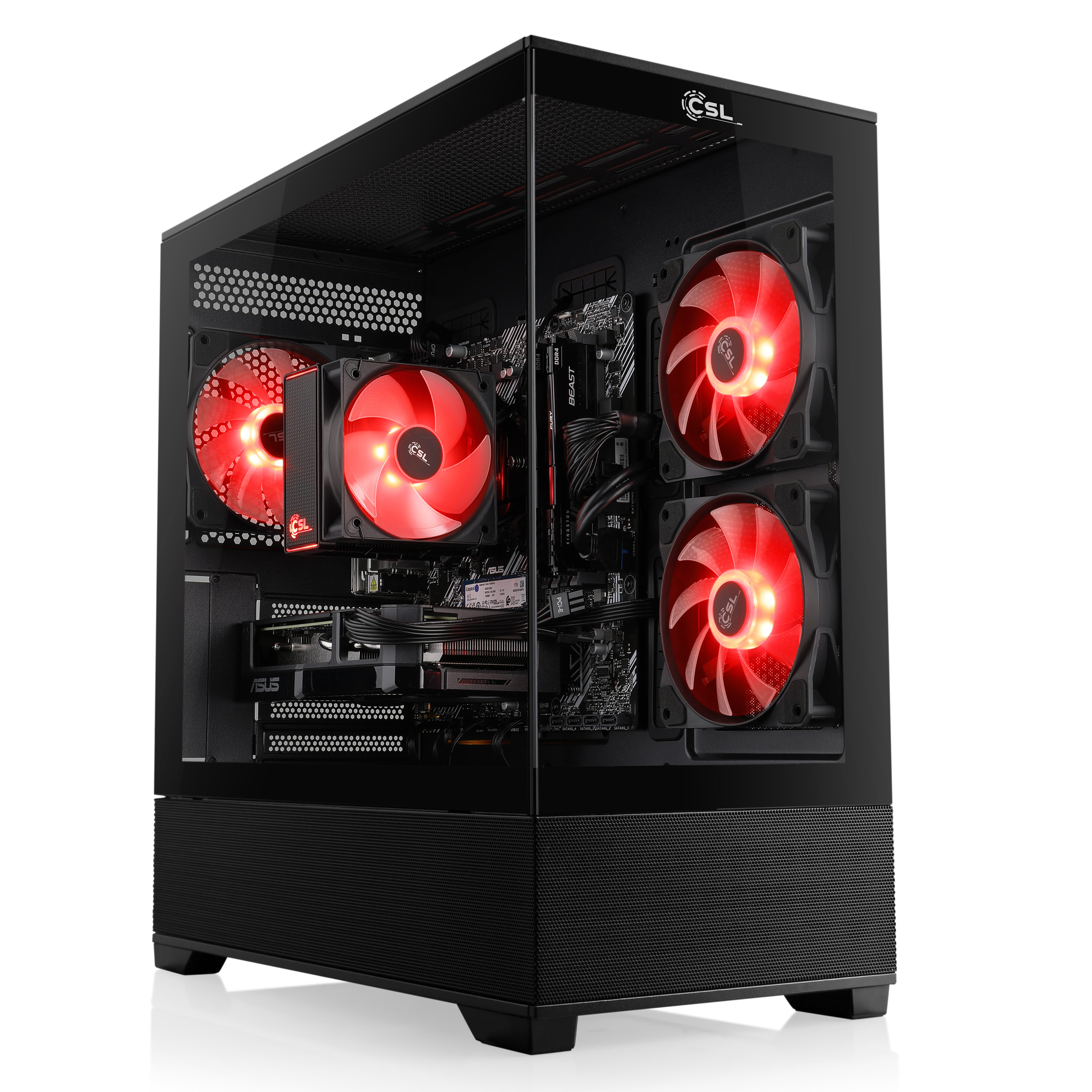 Ein schwarzer PC-Tower mit Glasfront und roten LED-Lüftern.