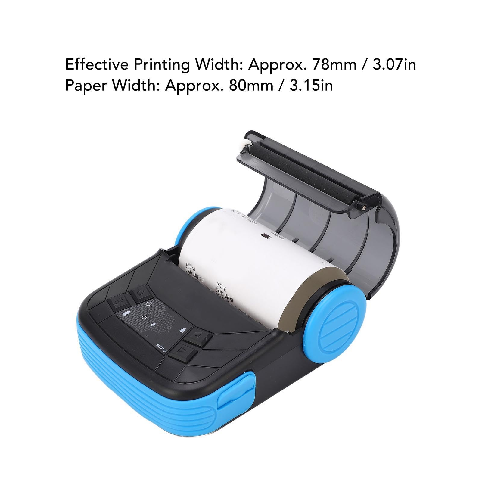 Ein tragbarer Drucker mit blauem Gehäuse und aufgerollter Papierrolle.