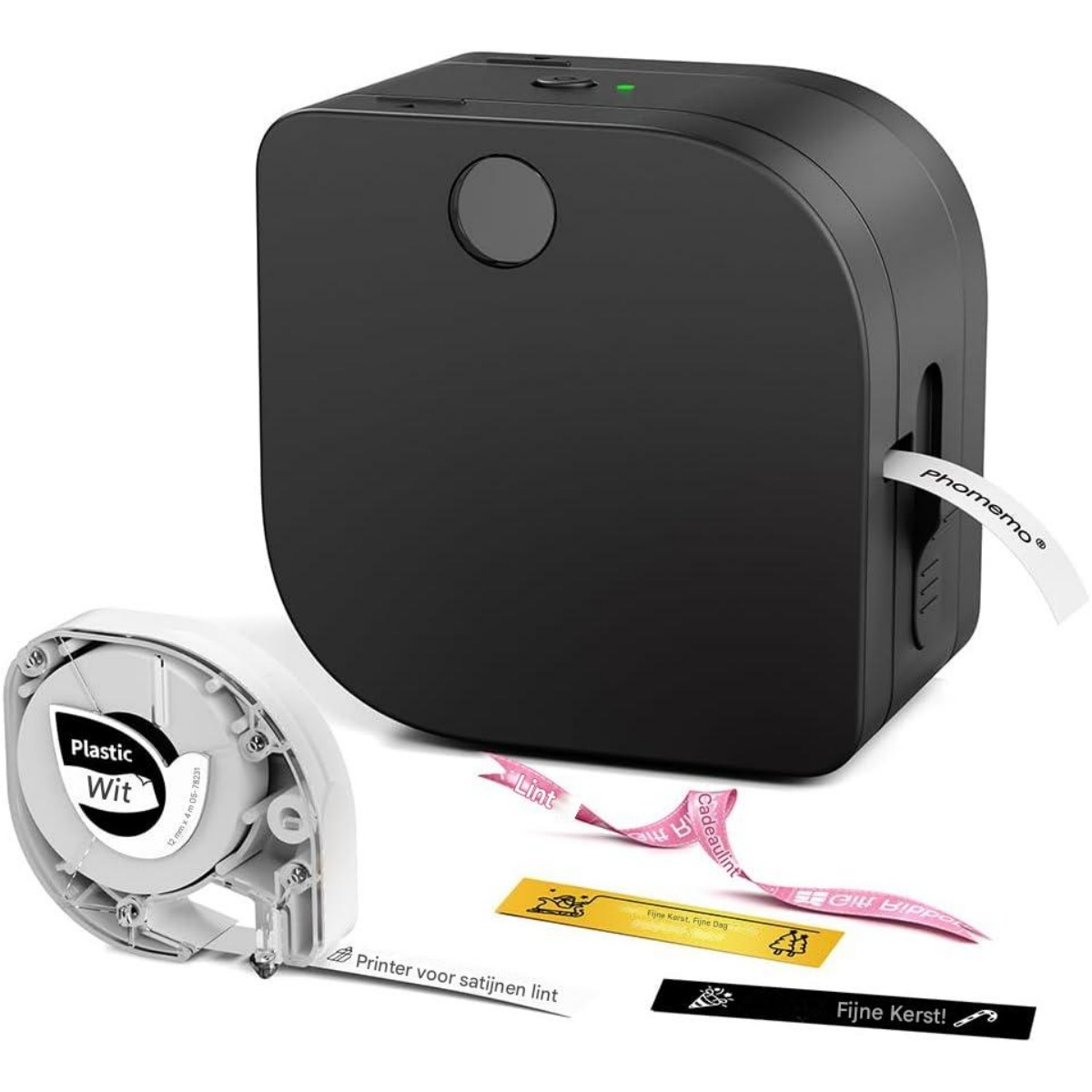Ein schwarzer Etikettendrucker mit rosa, gelben und schwarzen Bändern.
