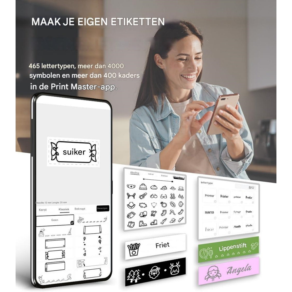 Eine Frau benutzt ein Smartphone, um Etiketten mit Text und Symbolen zu erstellen.