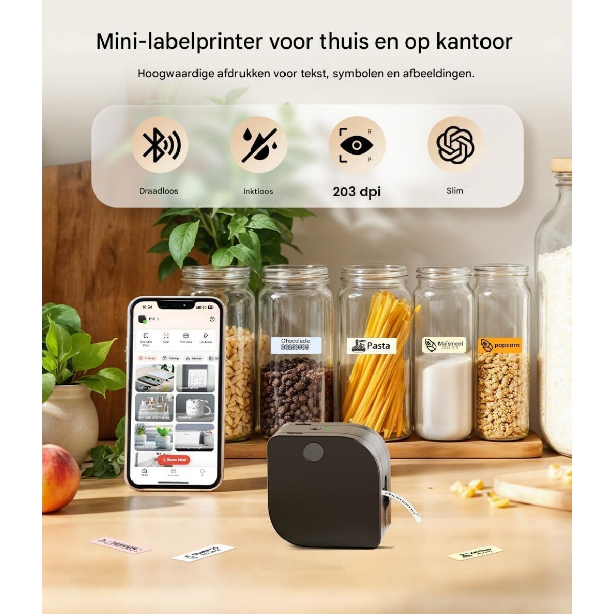Mini-Etikettendrucker mit Smartphone-App, Gläser mit Lebensmitteln und Drucker.