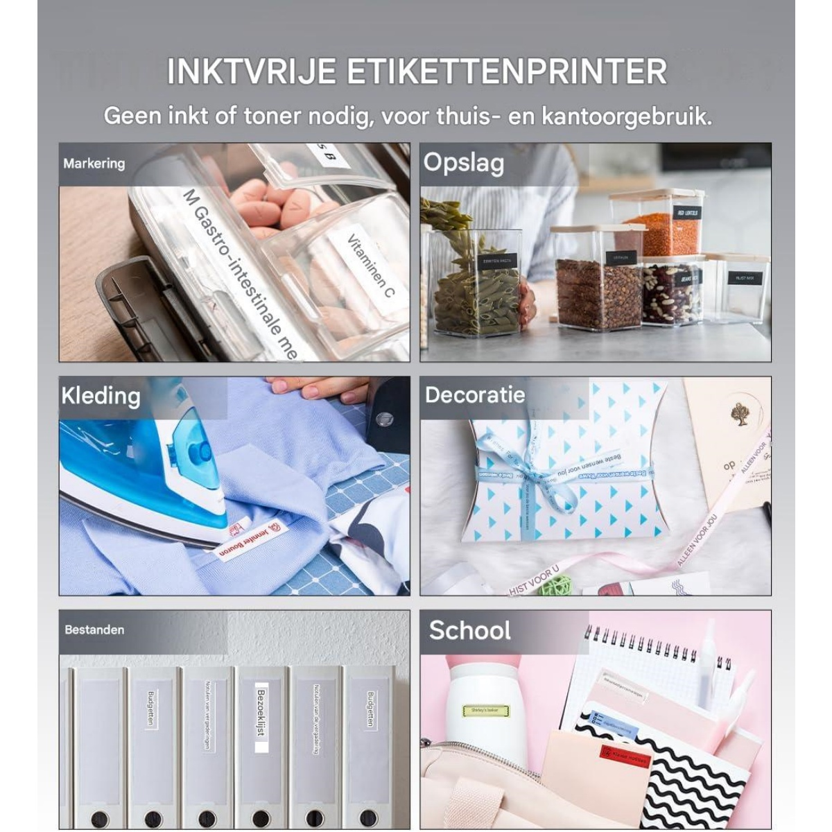 Sechs Bilder zeigen Anwendungen für einen Tintenstrahldrucker: Kennzeichnung, Lagerung, Kleidung, Dekoration, Akten und Schule.