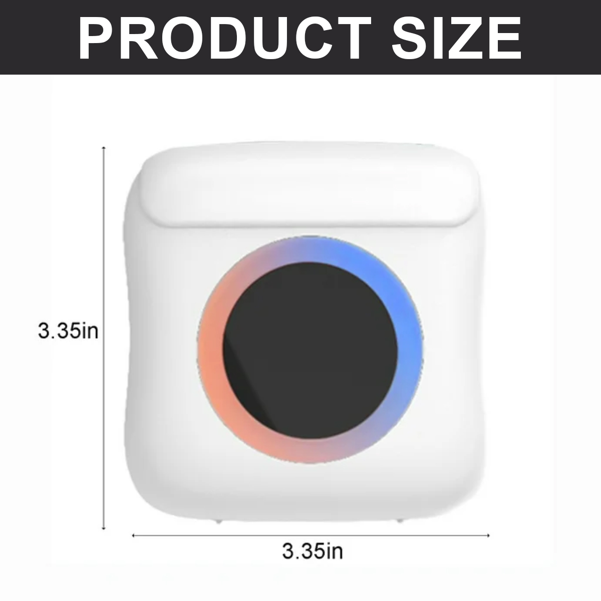 Weiße Box, 3,35 Zoll, mit farbigem Kreis. Produktgröße.