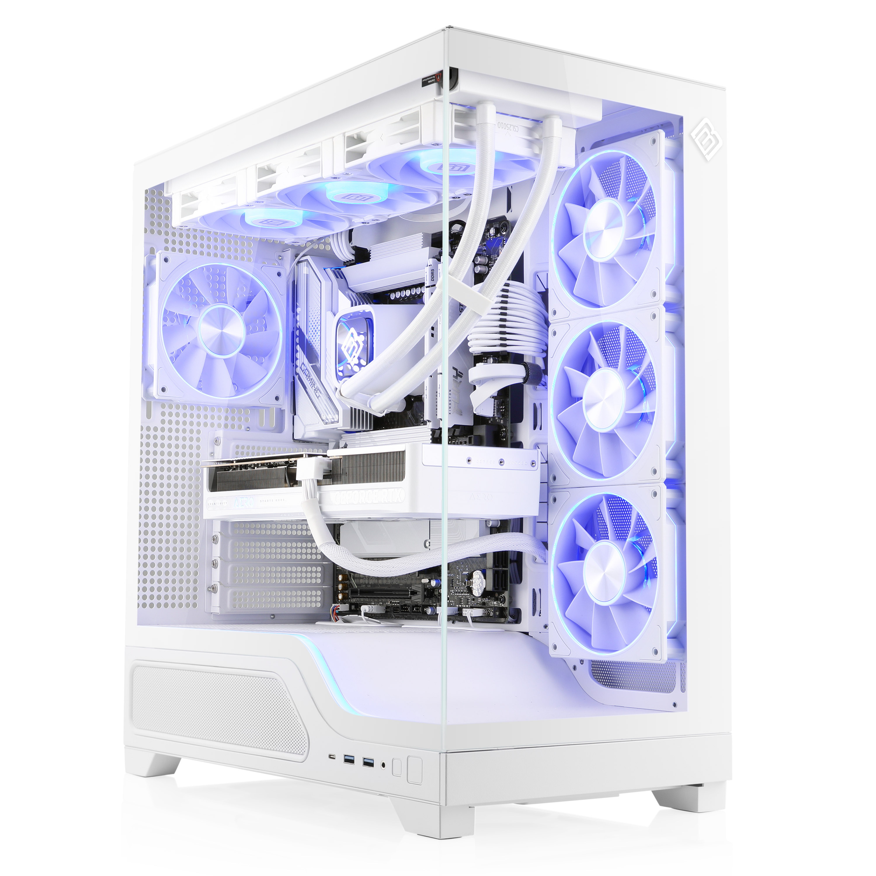 Ein weißer Computergehäuse mit blauen LEDs und Sichtfenster.