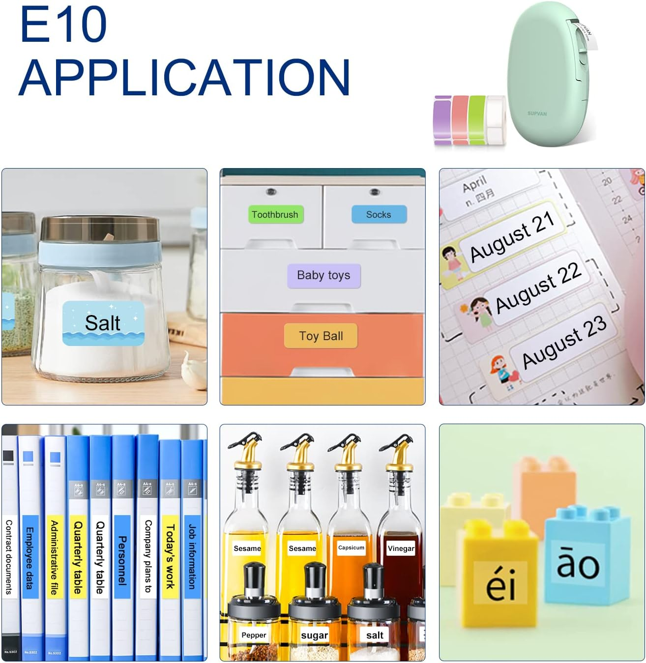 Collage zeigt Etikettendrucker, Gläser, Schubladen, Kalender, Akten und Bausteine.