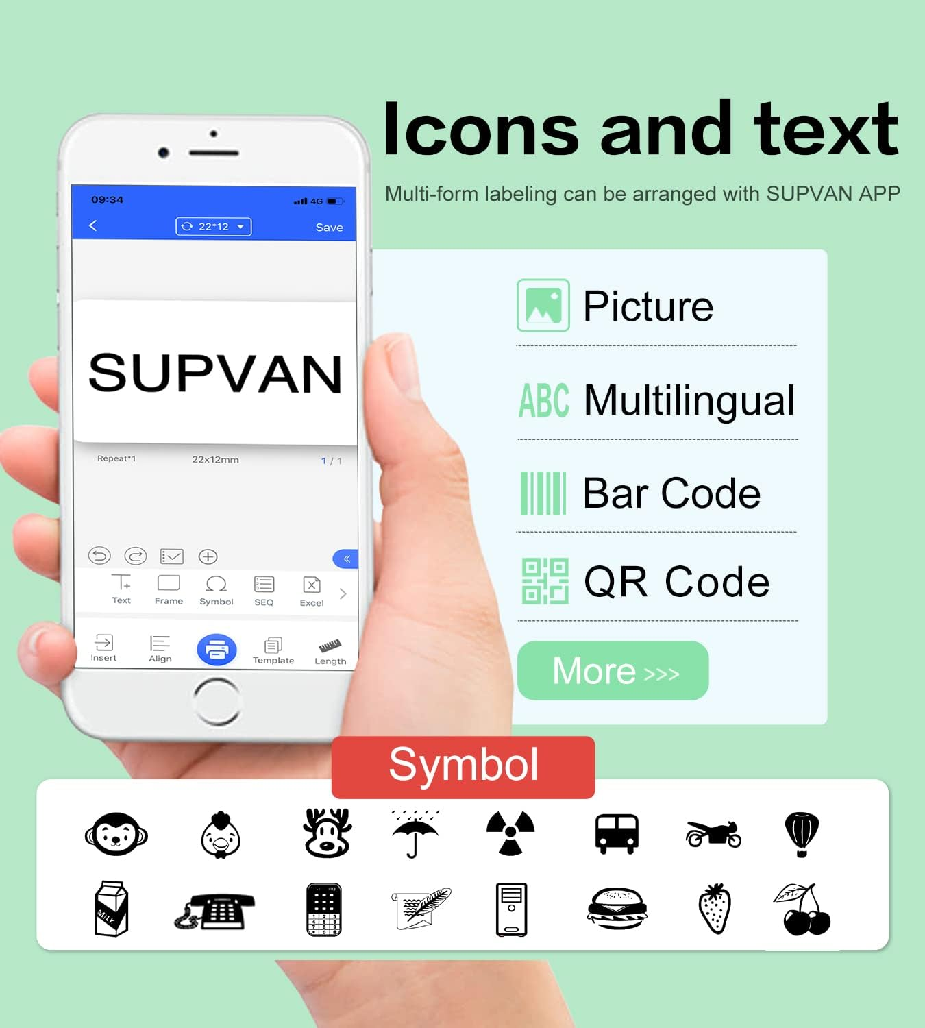 Smartphone zeigt SUPVAN-App mit Symbolen: Bild, Text, Barcode, QR-Code und mehr.