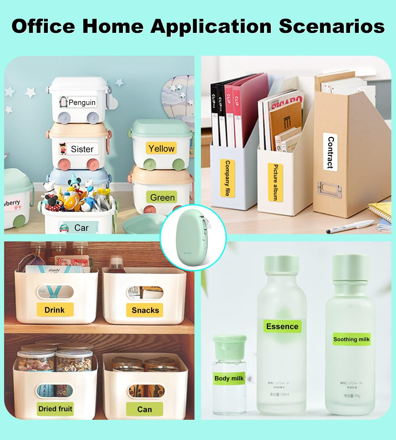 Beschriftete Behälter für Organisation: Spielzeug, Kleidung, Büromaterial und Kosmetik.