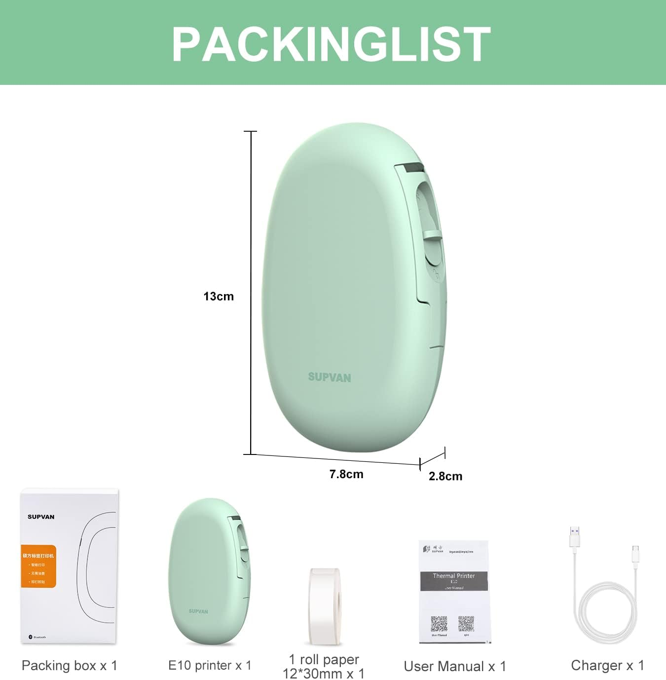 Verpackungsliste mit Drucker, Papierrolle, Handbuch und Ladegerät.