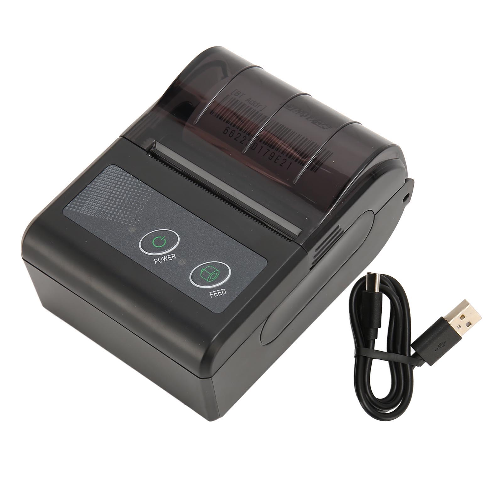 Ein schwarzer tragbarer Drucker mit USB-Kabel und Bedienelementen.