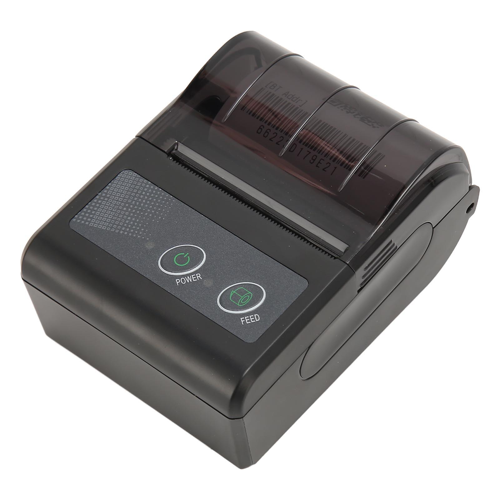 Ein schwarzer mobiler Drucker mit durchsichtigem Deckel und Tasten für Strom und Zuführung.