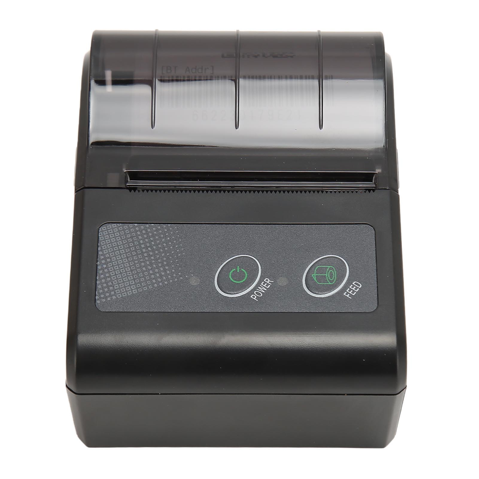 Ein schwarzer Drucker mit "Power" und "Feed" Tasten und einem transparenten Deckel.