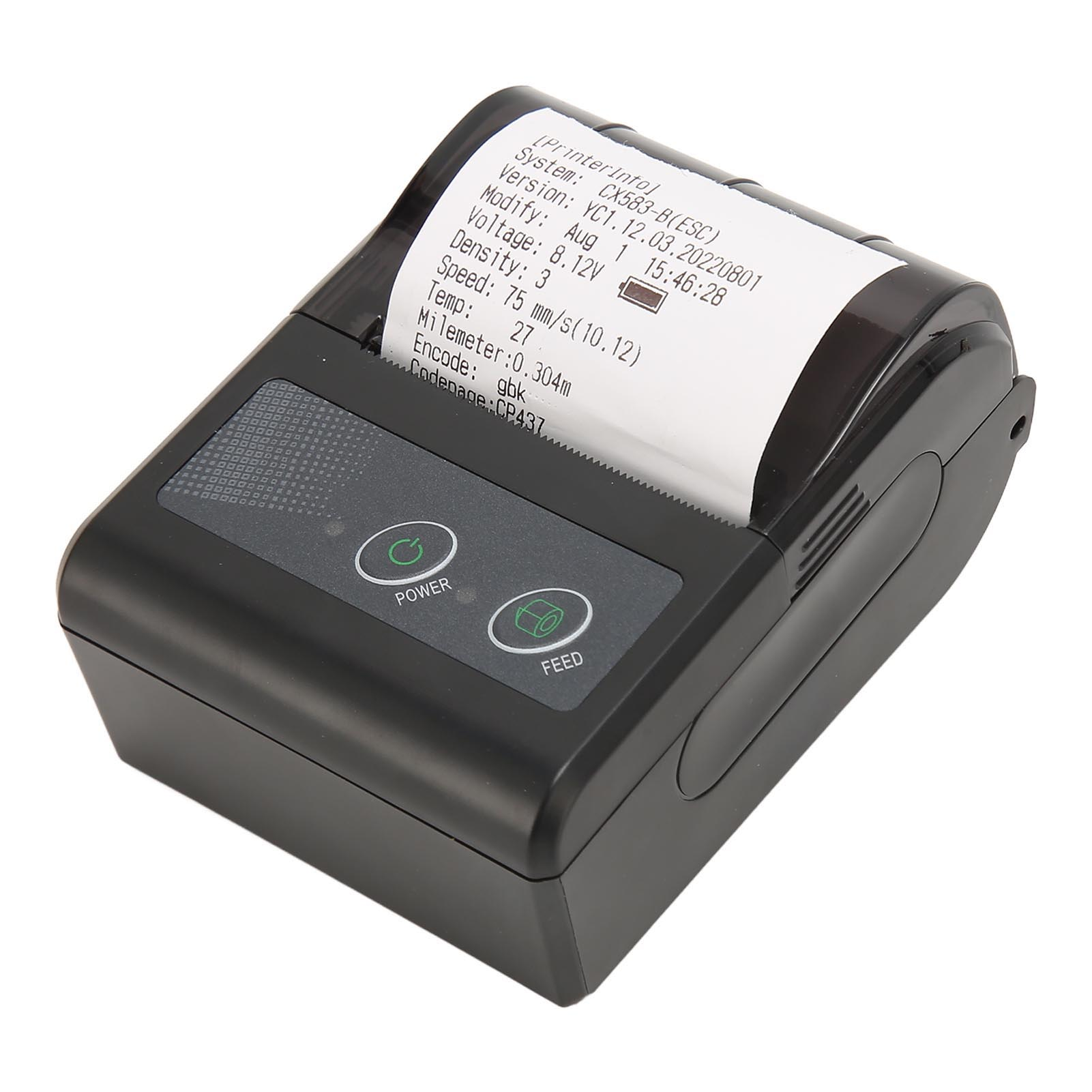 Schwarzer Drucker mit Papierrolle und Bedienfeld mit Power- und Feed-Tasten.