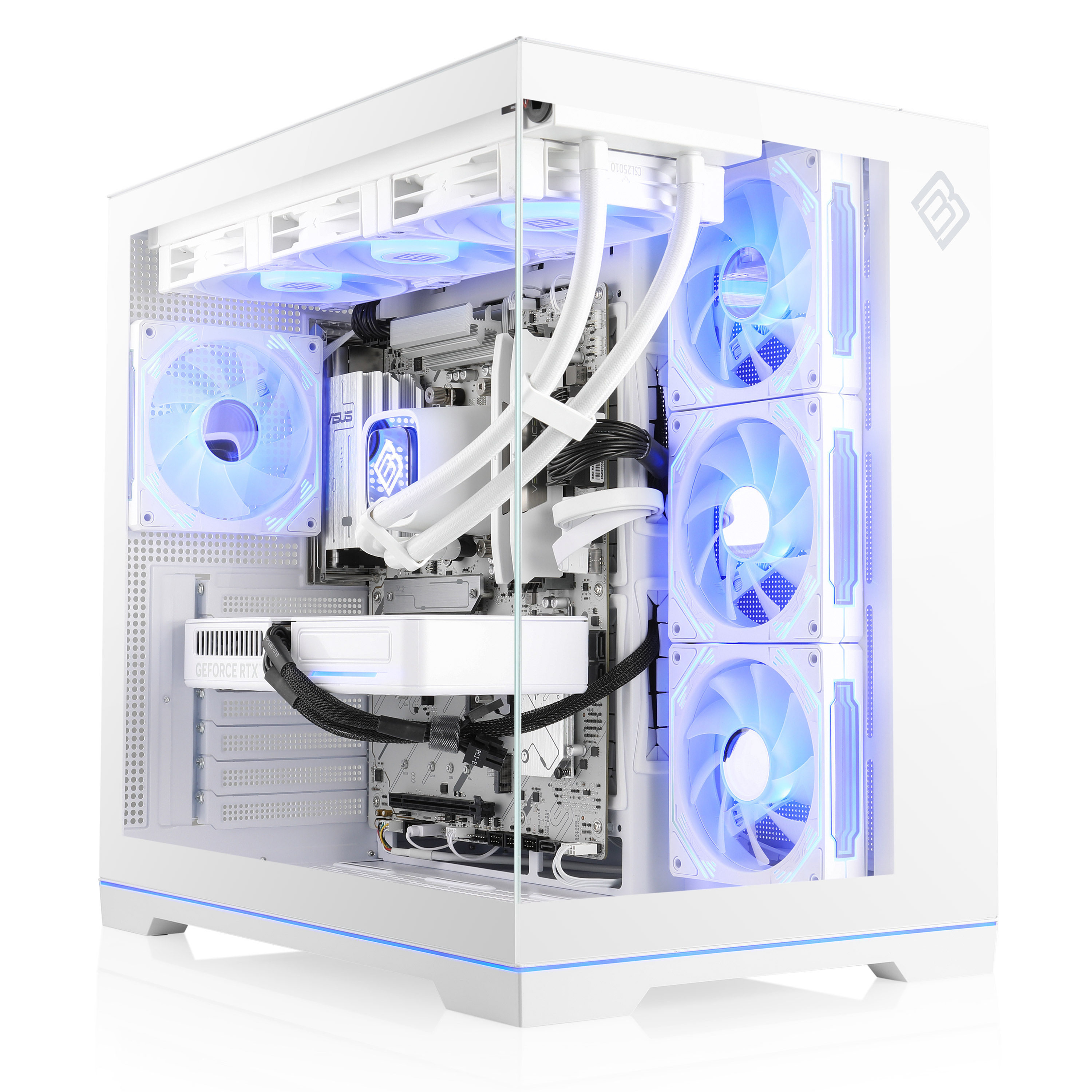 Ein weißer PC mit blauer LED-Beleuchtung, Glasfenster und sichtbaren Komponenten.