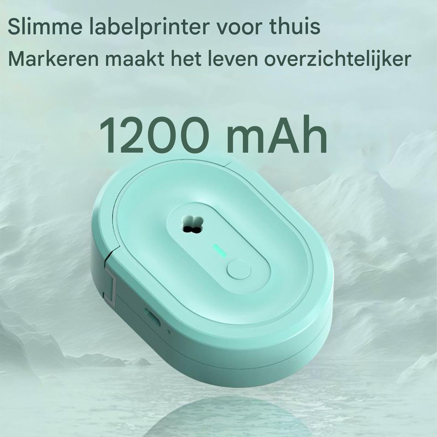 Türkiser Etikettendrucker mit 1200 mAh Batterie, auf einem eisigen Hintergrund.