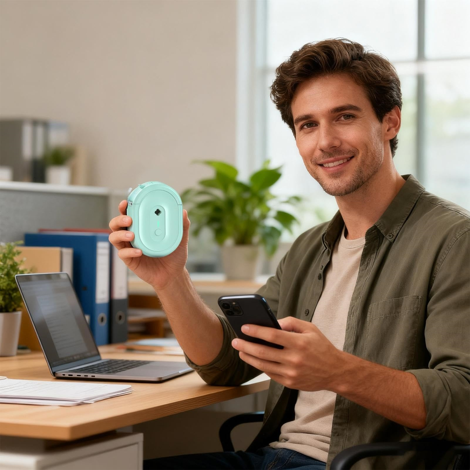 Ein Mann hält einen mintgrünen Etikettendrucker und ein Smartphone in einem Büro.