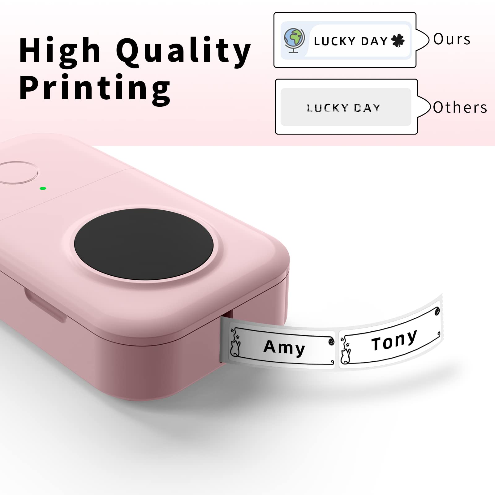 Ein rosafarbener Drucker druckt Etiketten mit den Namen Amy und Tony.
