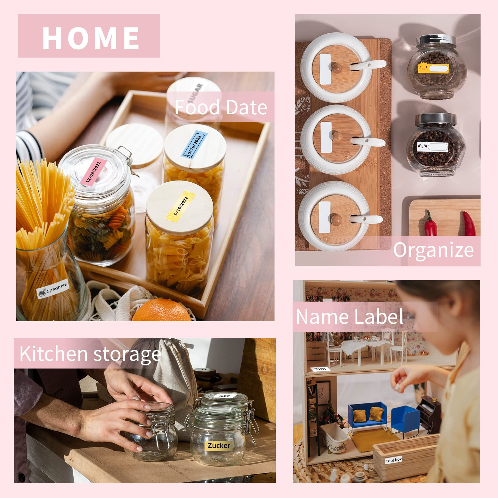 Collage mit beschrifteten Gläsern für Lebensmittel, Gewürze und ein Puppenhaus. Heimorganisation.