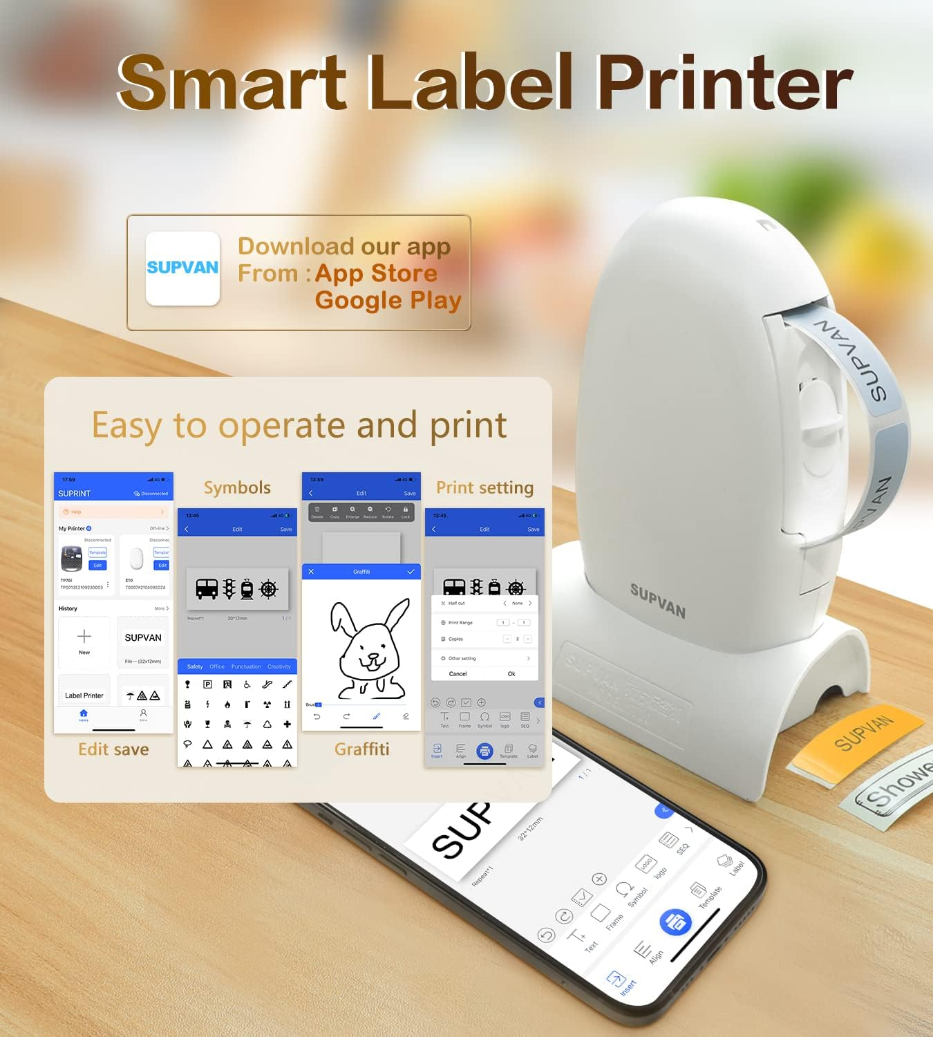 Smart-Etikettendrucker mit Smartphone-App-Oberfläche, die Symbole und Einstellungen zeigt. Inklusive Drucker & Etiketten.