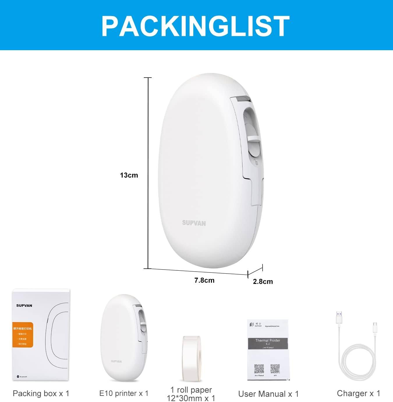 Packliste: Weißer Drucker, Karton, Papierrolle, Anleitung, Ladegerät. Maße angezeigt.