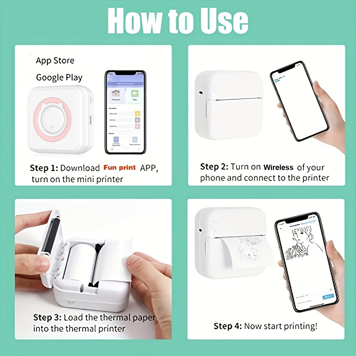 Anleitung zur Verwendung eines Mini-Druckers: App herunterladen, Handy verbinden, Papier einlegen, drucken.