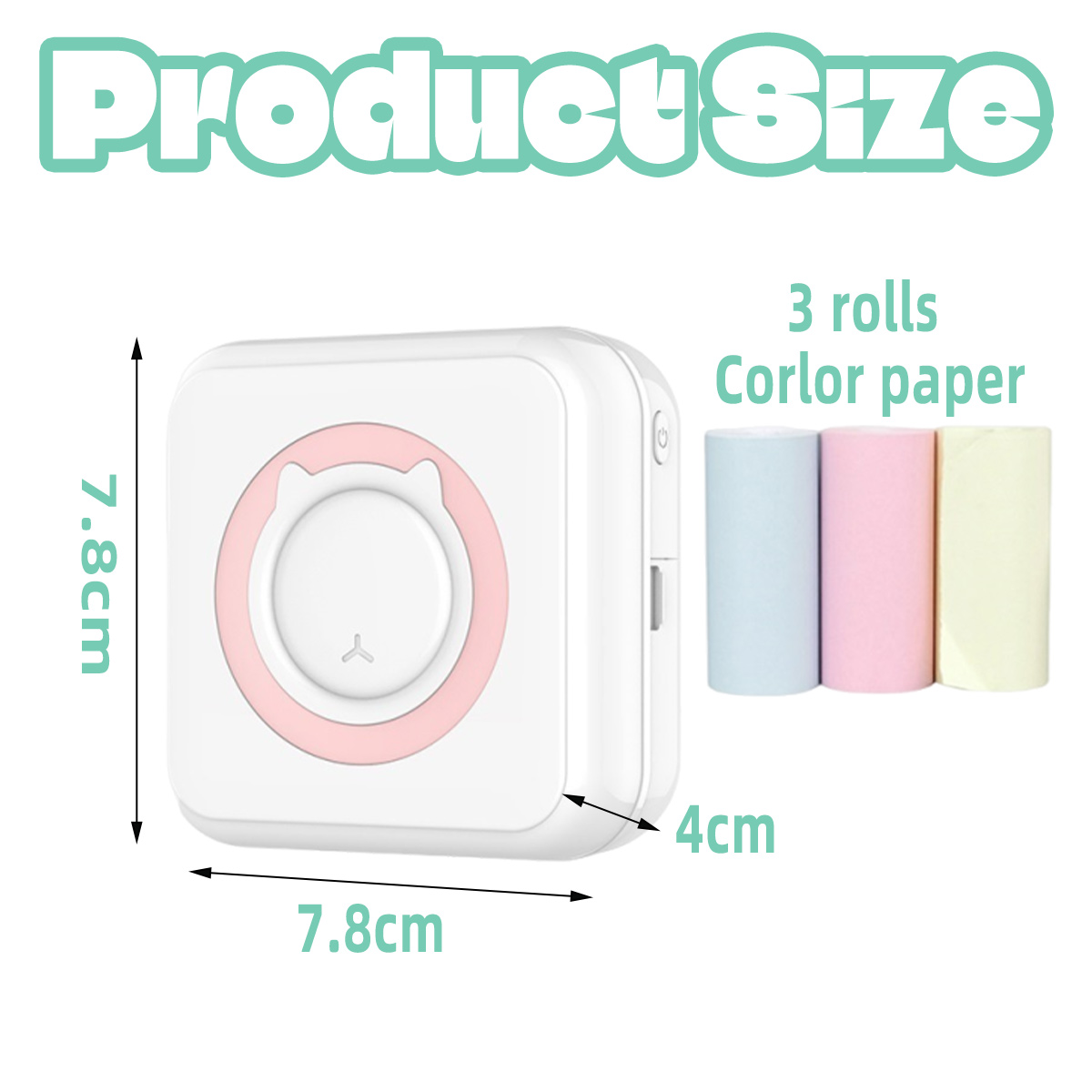 Produktgröße: 7,8 cm x 7,8 cm x 4 cm, inklusive 3 Rollen farbiges Papier.