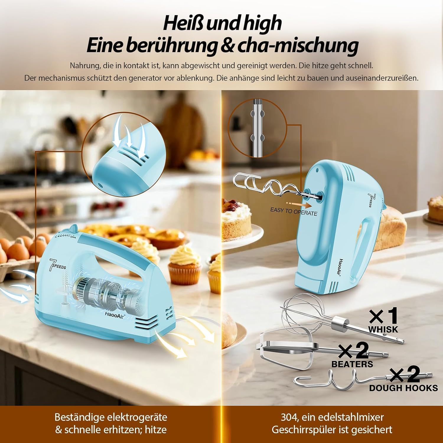 Ein blauer Handmixer mit Zubehör wie Schneebesen, Rührbesen und Knethaken.