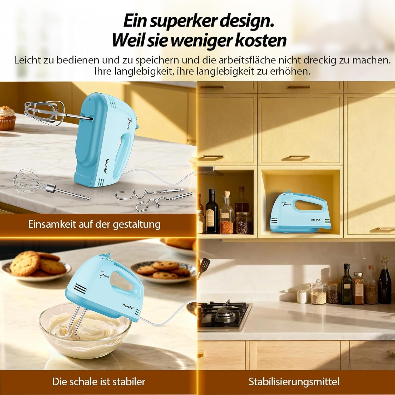 Ein blauer Handmixer mit Zubehör auf einer Arbeitsplatte, neben Cupcakes und Keksen.