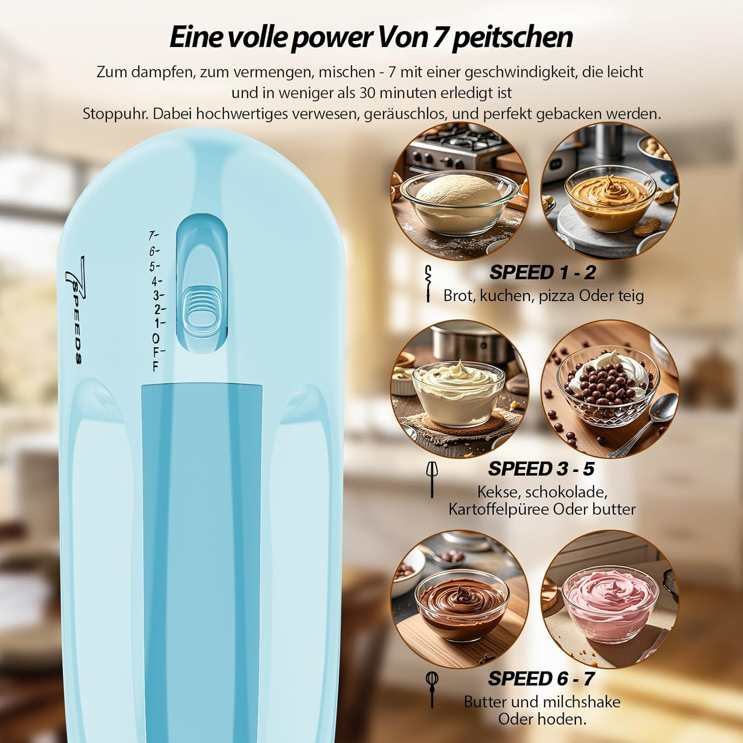 Ein hellblaues Handrührgerät mit Geschwindigkeitsregler und Bildern von Lebensmitteln.