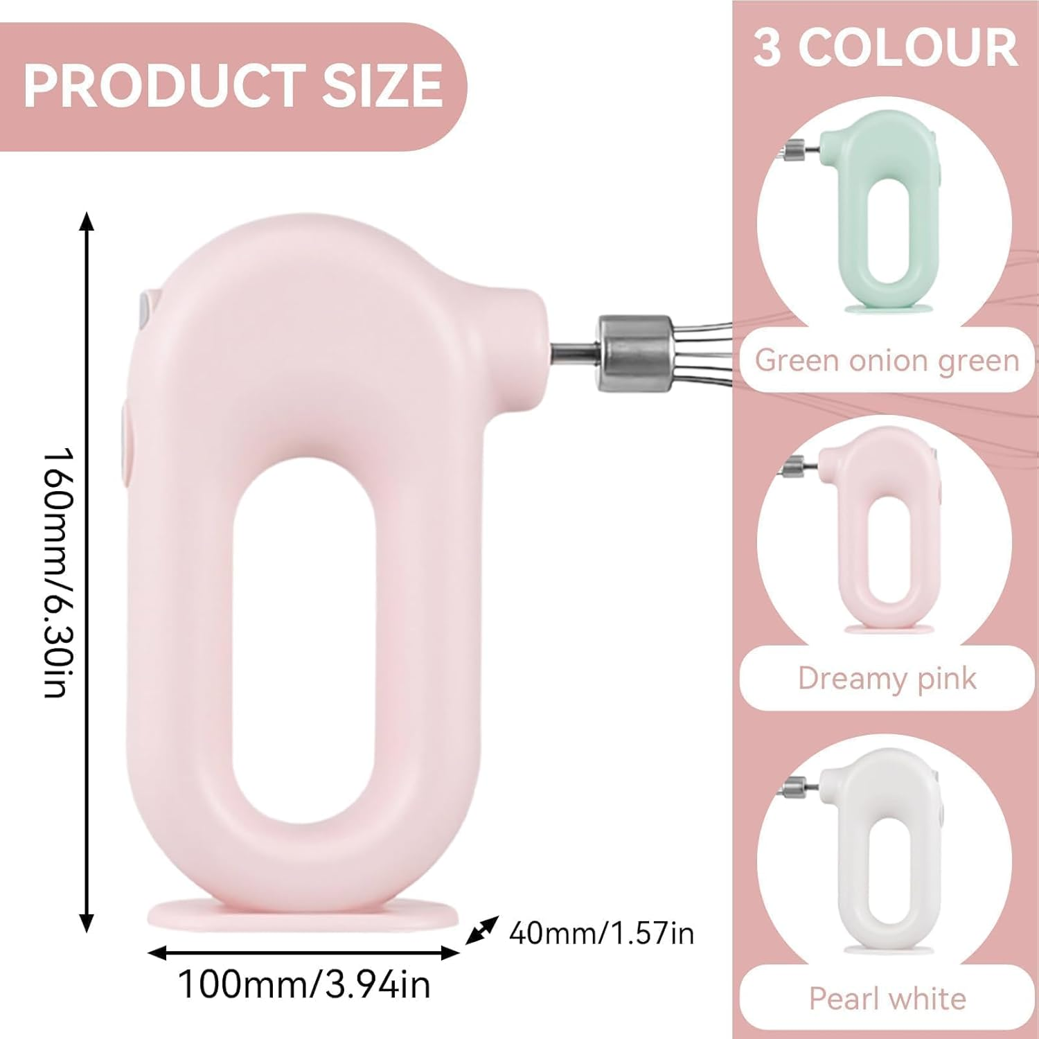Ein rosa Handmixer mit Größenangaben und drei Farboptionen: Grün, Rosa, Weiß.