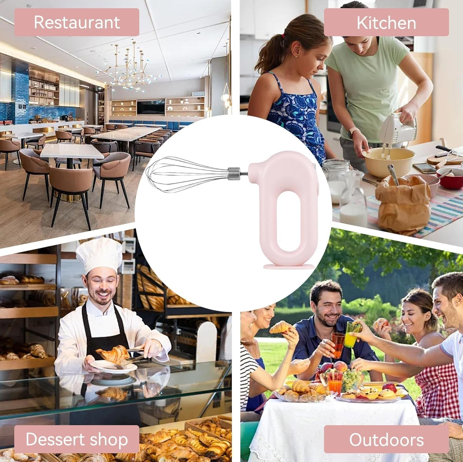 Ein rosa Handmixer mit Schneebesen, ein Restaurant, eine Küche, ein Bäcker und ein Picknick im Freien.