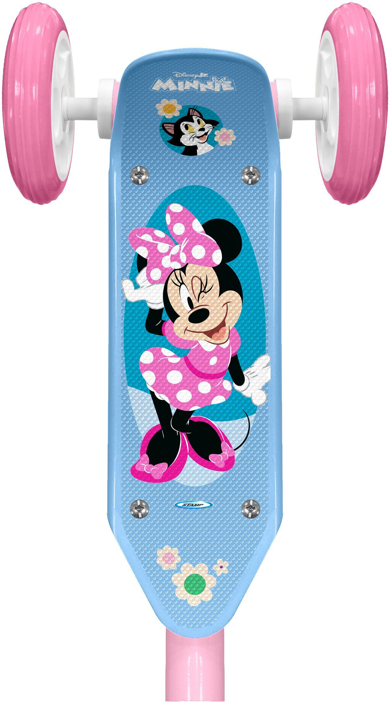 Blauer Roller mit Minnie Maus, rosa Rädern und Blumenmuster.